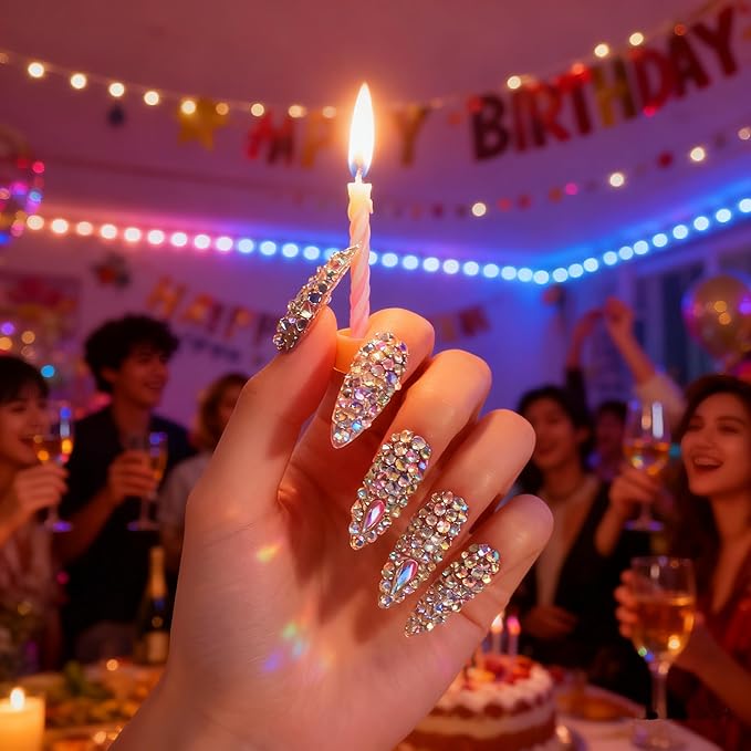 Handmade Press on Nails Full Cover Luxurious 3D Crystal False Nails Super Extra Long Stiletto Diamonds Art Decoration Fake Nails Manicure Kit Nail Art Tips Gift for Women Girls Wedding Party