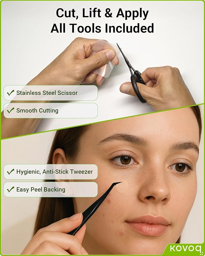 Hydrocolloid Roll Bandages for Wound Care, Kovoq Medical Grade Hydrocolloid Pimple Patches Tape Sterile and Waterproof, with DIY Size & Shape Tools Scissor and Tweezer (2in * 16ft)