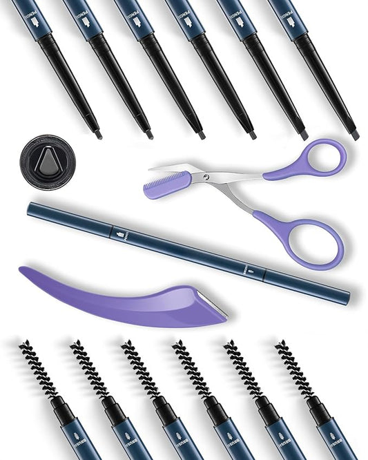6Pcs Microblading Eyebrow Pencils Grey Waterproof Eye Brow Pencil w/Eye Brow Razor & Scissors Kit 0.5mm Ultra-Fine Tip Creates Hair-Like Strokes for Women Effortless Natural Brows