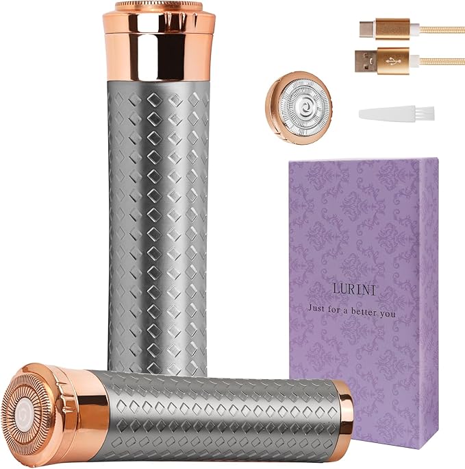 Facial Hair Remover for Women, Painless Rechargeable Hair Removal Device, Comes with 2 Replacement Heads, Portable Electric Shaver/Razors for Face, chin, upper lip, arms and peach fuzz (Silver)