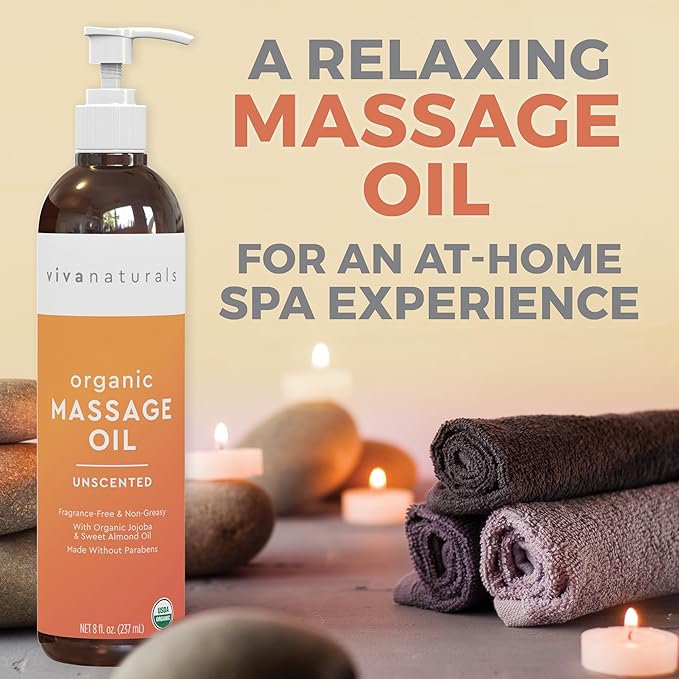 Viva Naturals Organic Massage Oil Unscented (8 fl. oz.) - Non-Greasy Body Oil with Mess-Free Pump, Moisturizing Massage Oils for Massage Therapy, Non-GMO and Certified Organic, 237 mL