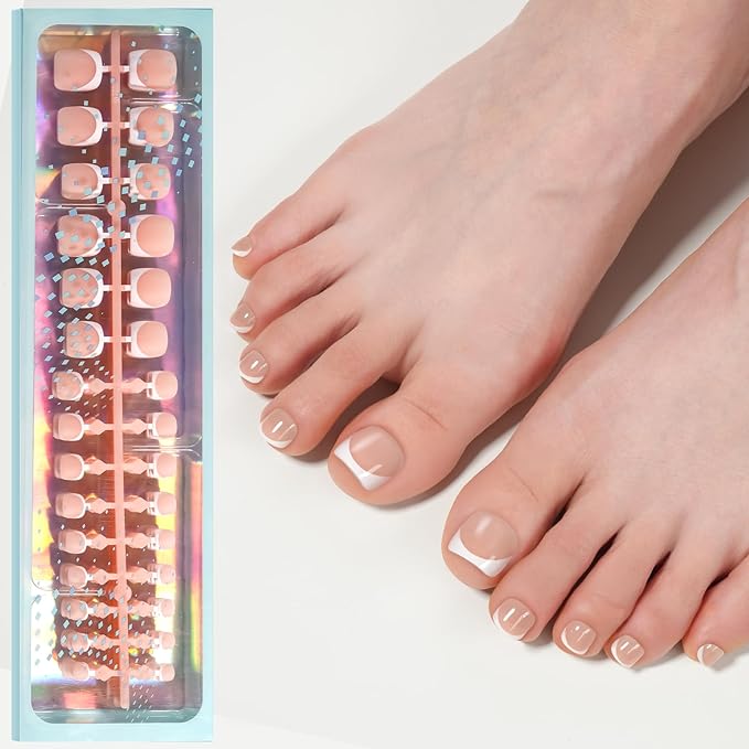 Vansiho Press on Toenails Short, French Tips Toe Nail Press on Square for Women, Soft Gel Fake Toenails, Acrylic Nails Soak off Toe Nail Home DIY 15 Sizes