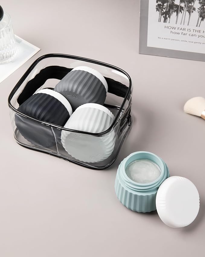 Travel Containers for Toiletries 4 Pack, TSA Approved Travel Size Toiletries, Travel Size Containers, With Clear Bag Leak Proof Silicone Jars, Travel Essentials Creams Jars Carrying Small Items