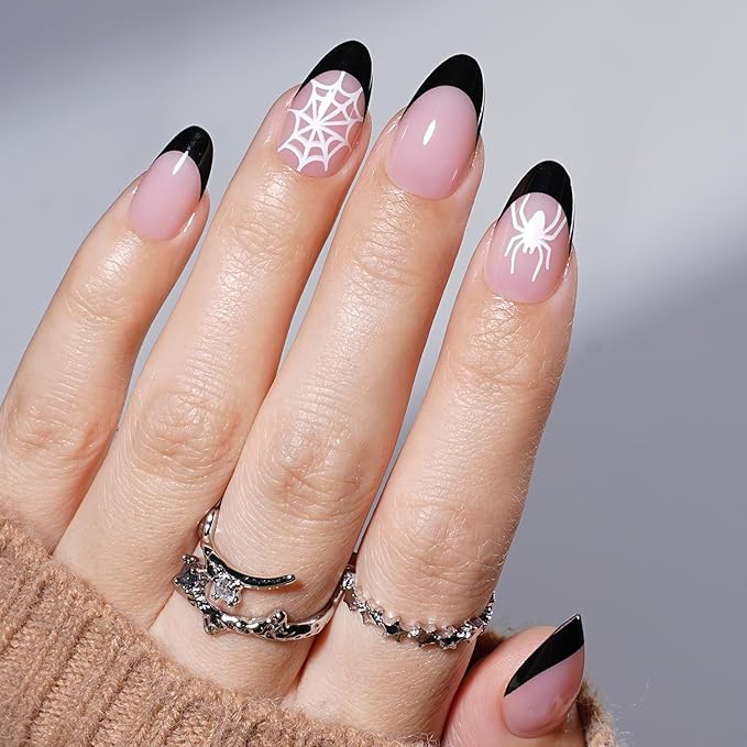 Spider Press On Nails Short Almond Spider Fake Nails with Spider Design, Black French Tip Press On Nails Reusable Stick On Nails in 16 Sizes, 32pcs False Nail Kit for Women & Girls