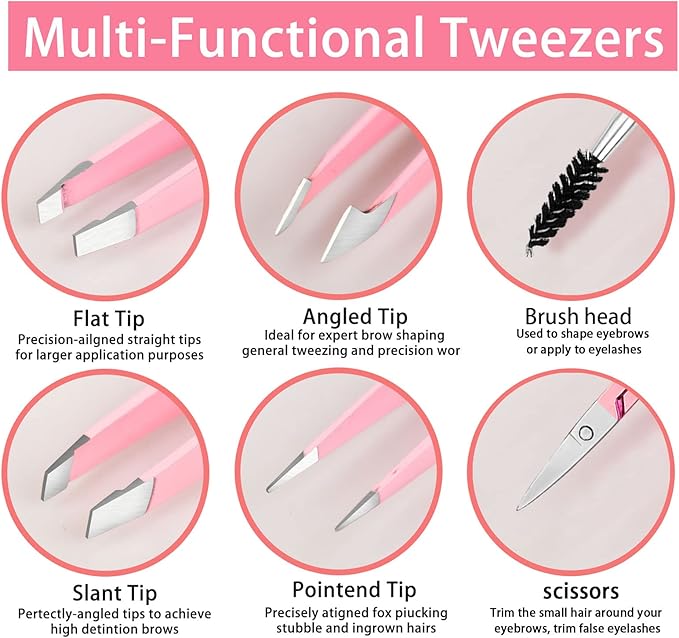 Tweezers for Women, 6 piece Pink Tweezers for Women Facial Hair, Precision Tweezers for Eyebrows, Hair Removal, Facial Hair, Ingrown Hair for Men