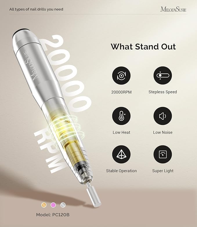 MelodySusie Portable Electric Nail Drill,PC120B Compact Efile Electrical Professional Nail File Kit for Acrylic, Gel Nails, Manicure Pedicure Polishing Shape Tools Design for Home Salon Use, Silver