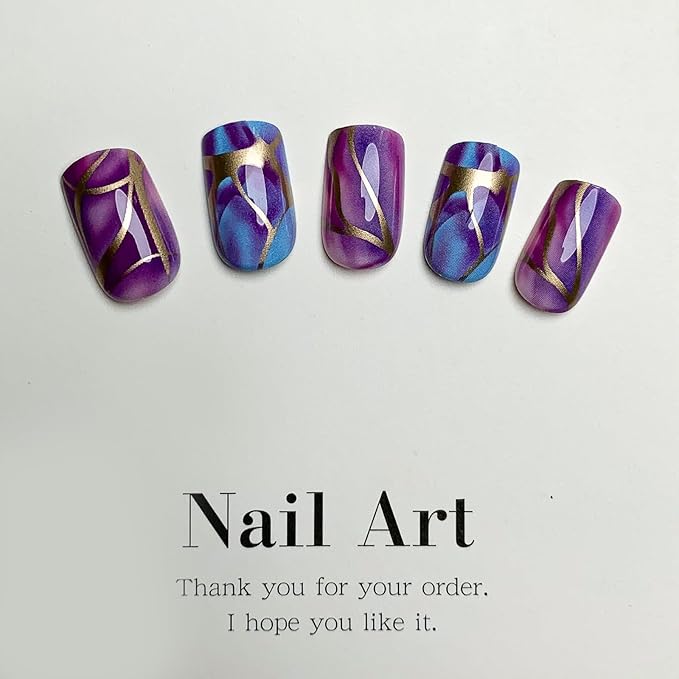 Square Press on Nails Short Purple Fake Nails Marble Acrylic Nails with Design Gradation Gold Line Glue on Nails Glossy Stick on Nails False Nails Kit for Women Girls Manicure Art 24 Pcs