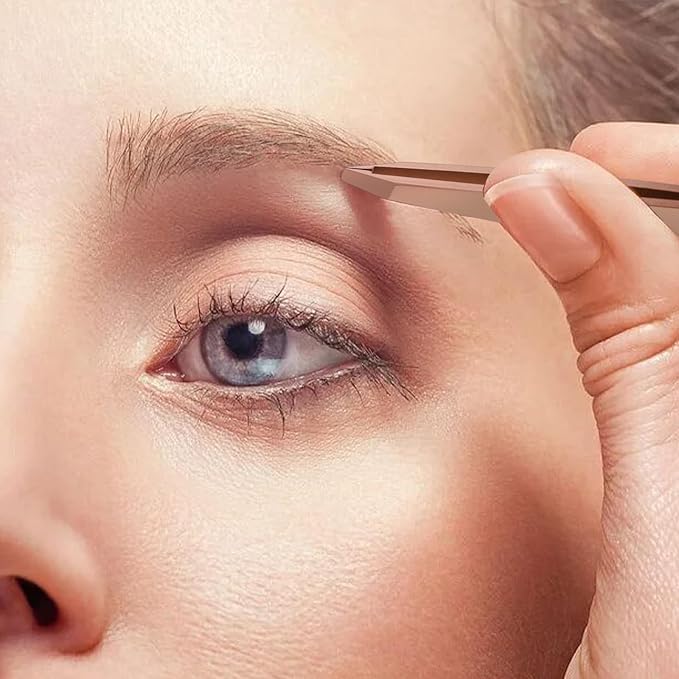 Precision Stainless Steel Tweezer for Eyebrows, Facial Hair and Fine Hairs Removal, Slant Tip Eyebrows Tweezers with Leather Case (Rose Gold)