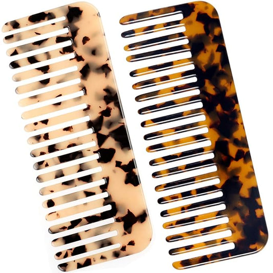 Fsmiling Wide Tooth Comb Large Detangling Comb Cellulose Detangler Comb for Women Thick Curly Wavy Wet Dry Hair 2 Pack,Tortoise shell