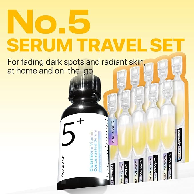 numbuzin No.5 Serum | Glutathione Vitamin Concentrated Serum 30ml Travel Set (+1ml*10ea) | Glutathione, Vitamin C, Tranexamic Acid | Hyperpigmentation, Acne Scars, Korean Skincare | 1.31 fl. oz.