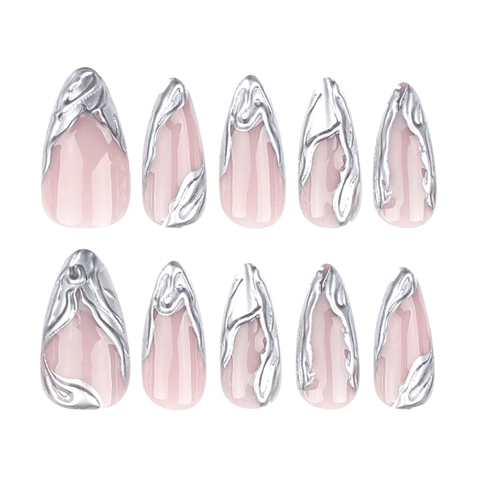 Silver Press on Nails Medium Almond Fake Nails 3D Line Stiletto False Nails with French Tip Acrylic Nails Silver Chrome Artificial Nails for Women Girls Manicure Art Decoration 24Pcs