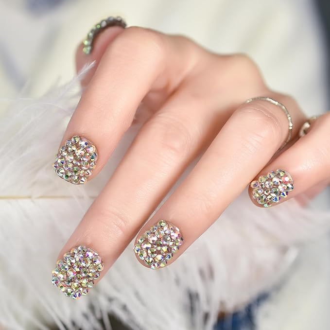 24pcs Handmade 3D Rhinestones Press On Nails Square Short Nails Women Girls Gifts Salon Manicure Shiny Crystal Nail Art Tips Fake Nails Reusable Acrylic False Nails