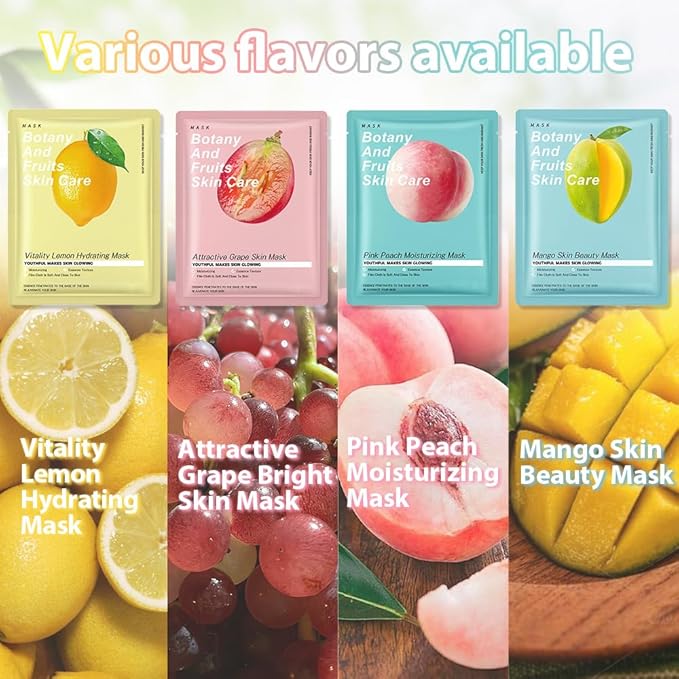 12 Pack Various Fruits Face Sheet Mask Skincare,Hydrating Face Mask For Sensitive Skin,Moisturize,Soothing,Nourish for All Skin Types,Natural Spa Party Facial Mask Skincare Set for Women Men Girls