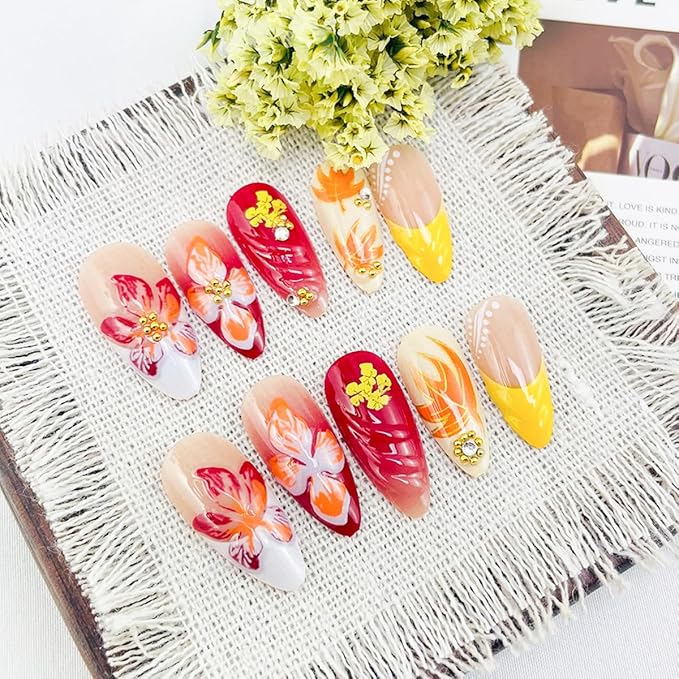 30Pcs Fall Press on Nails Medium Almond French Tip Fake Nails with Gold Star Gem Design Autumn Maple Leaf False Nails Cute Flower Acrylic Nail Thanksgiving Glue on Nail for Women Manicure Accessories