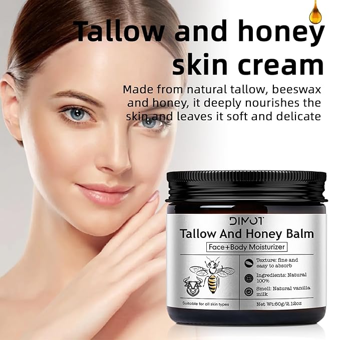 Beef Tallow for Face Skin, Tallow and Honey Balm for Skin Honey Butter Faces & Body Cream For Skins Firming & Hydrating Balm Care Tallows Face Moisturizer Cream, 2.12 Oz, 1PC