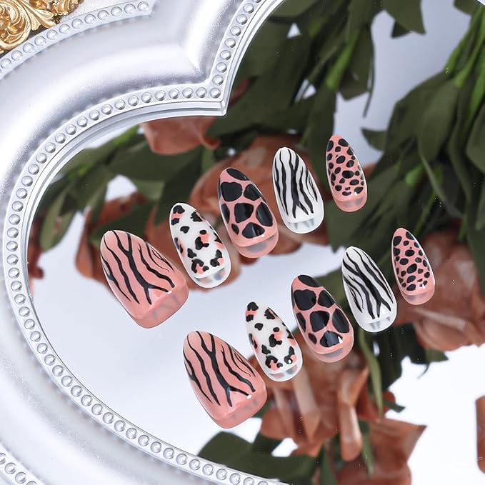 24Pcs Cute Almond Press on Nails Short Fake Nails Tiger Zebra Leopard Print Acrylic Nail Fall Glue on Nails Glossy Full Cover False Nail Autumn Winter Design French Artificial Nail for Women
