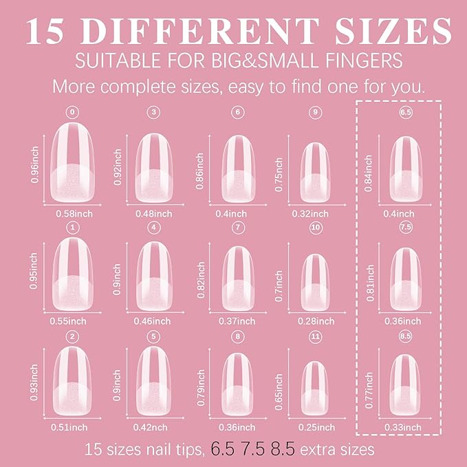 Medium Oval Nail Tips, SSWSBYKE 300pcs Soft Gel Nail Tips for Full Cover Pre-Shaped Acrylic Fake Nails Tips 15 Sizes Half Matte Press On Nails for Extension Home DIY Salon
