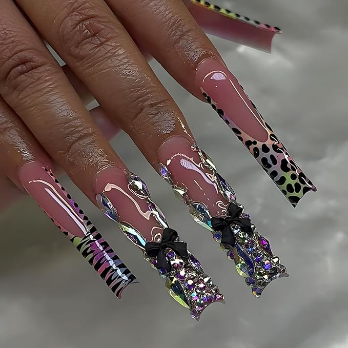 Long Press on Nails Square Fake Nails with Blakc Bow Designs XL Artificial Nail Leopard Stick on Nail Extra Long for Women 24pcs