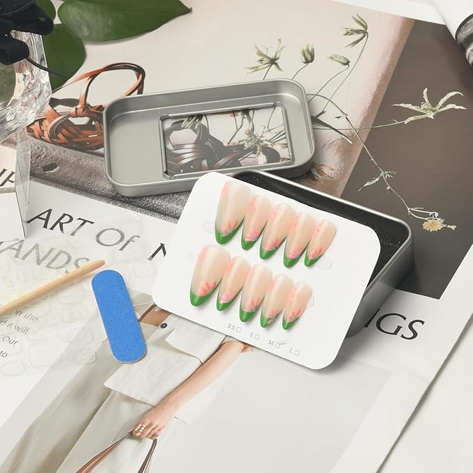 Green French Tip Floral Press On Nails - Handmade Medium Almond Nude Base Salon Quality-Reusable Gel Acrylic Full Set 10pcs - (Blooming Series, Size S)