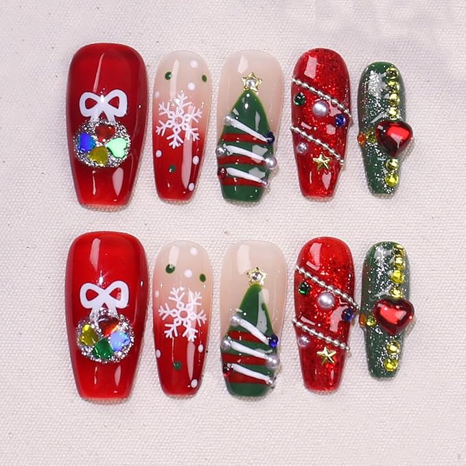 10Pcs Christmas Press on Nails Medium Square Fake Nails with 3D Pearl Rhinestones Designs Christmas Snowflake Xmas Tree False Nails Red Glossy Full Cover Handmade Stick on Nails for Women Girls DIY