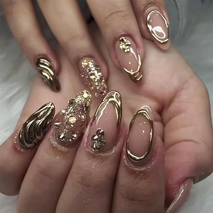 IMRAIN Medium Press on Nails Almond Fake Nails 3D Golden Edge French Tips Acrylic False Nails Glossy Nude Glue on Nails Artificial Nail Supplies Full Cover Stick on Nails for Women Girls 24Pcs