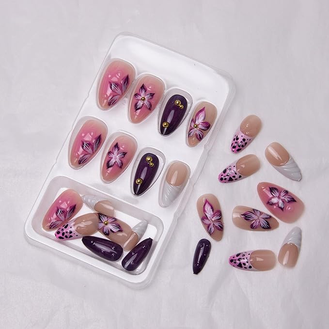 Flowers Fake Nails French Tip Press on Nails 3D Purple Floral Acrylic Nails Medium Almond False Nails with Designs Nail Charm Glue on Nails Soft Gel Wavy Artificial Nails for Women Girls Manicure Art