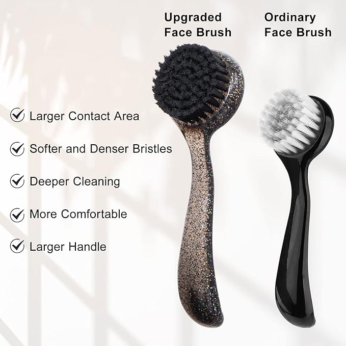 3 Pcs Large Handheld Face Scrubber, Beomeen Facial Cleansing Brush Charcoal Black Bristles Face Exfoliator Cleaner Soft Brush with Lid for Gentle Deep Cleansing and Exfoliating (Black-Glitter)