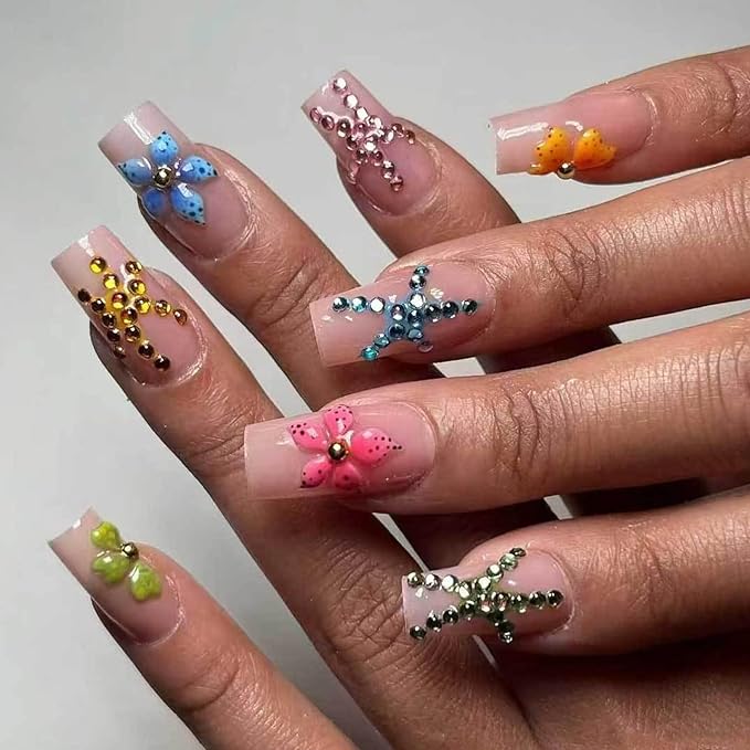 Summer Starfish Designs 24 Pcs Medium Square Acrylic False Nails with Full Coverage and Glossy Finish