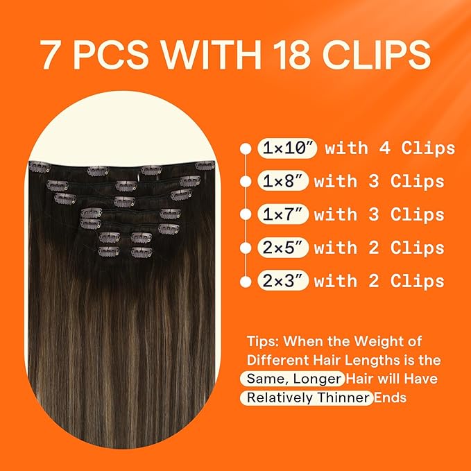 Full Shine Light Brown Clip in Hair Extensions 16 Inch Dark Brown Balayage Clip in Hair Extensions Real Human Hair 7 Pcs 120 G