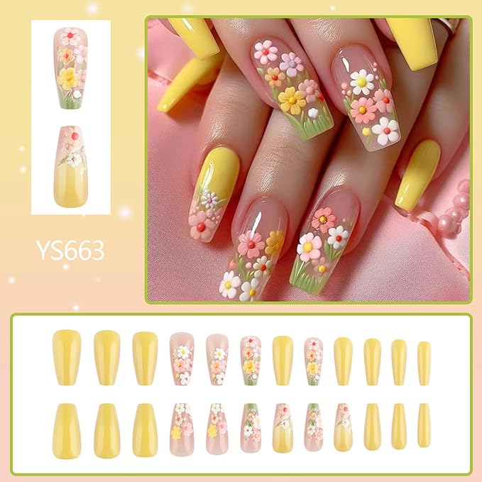 Press on Nails Medium Coffin Fake Nails with Color Floral Designs Glue on Nails Yellow Full Cover Nails Press ons Glossy False Nails Cute Artificial Stick on Nails for Women 24Pcs