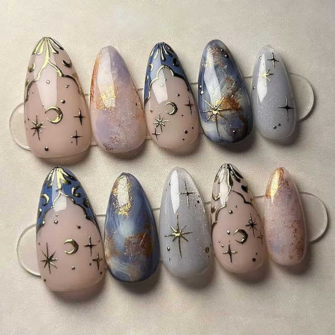 24Pcs Moon and Star Press on Nails Medium Almond French Tip Fake Nails Golden Stars Moon Flowers Designs Full Cover Glitter Stick on Nails Gold False Nails for Women Acrylic Nail Decorations DIY