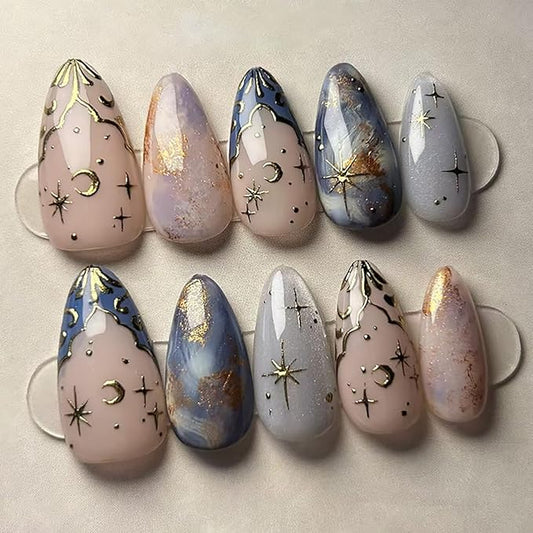 24Pcs Moon and Star Press on Nails Medium Almond French Tip Fake Nails Golden Stars Moon Flowers Designs Full Cover Glitter Stick on Nails Gold False Nails for Women Acrylic Nail Decorations DIY
