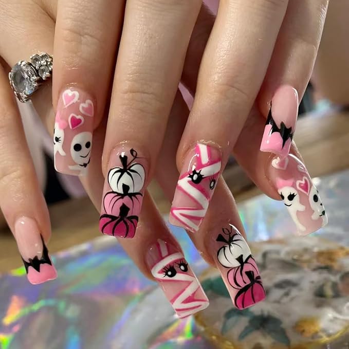 24Pcs Halloween Press on Nails Medium Length Square Fake Nails Pink White Cute Ghost Pumpkin Bat Designs Glossy Full Cover Stick on Nails French Tip False Nails for Women Acrylic Nail Decorations