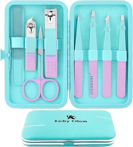 Tweezers Set and Nail Clippers 8Pcs Precision No Gaps Eyebrow Tweezer Kit for Facial Hair Men & Women Travel Tweezers with Leather Case (Violet/Cyan)