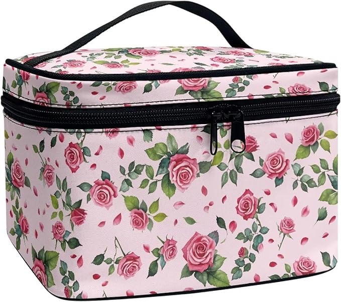 Rose Hearts Valentine's Day Print Travel Makeup Bags for Women Portable Tote Cosmetic Case with Carry Handle Toiletry Accessories Storage Organizer Bags