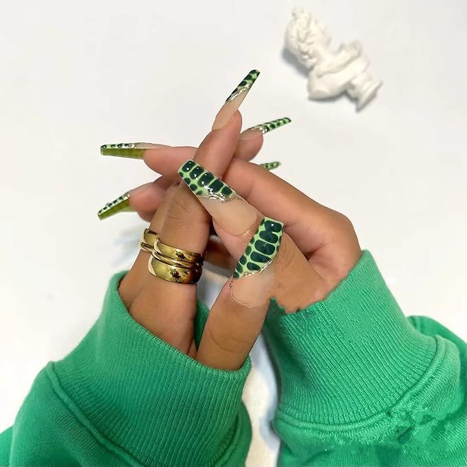 BABALAL Long Coffin Press-On Nails - Green French Tip Acrylic With Crocodile Pattern - 24Pcs Ballerina False Nails for Women and Girls