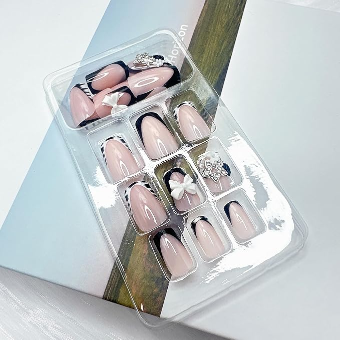 24Pcs Black French Tip Press on Nails Short Square Fake Nails with Bow Flower Star Rhinestones Leopard Designs French Acrylic Nails Stick on Nails Nude False Nails Floral Glue on Nails for Women