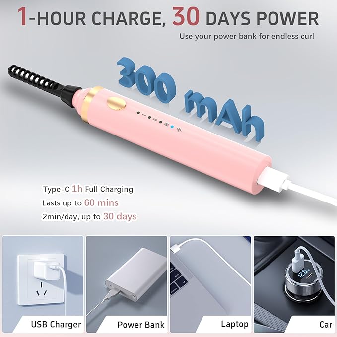 3 in 1 Heated Eyelash Curler, Rechargeable Heated Eyelash Curlers for Women, Electric Lash Curler with 3 Brush Heads, 24H Natural Curling with 3 Temp Settings 10s Fast Heating, Pink