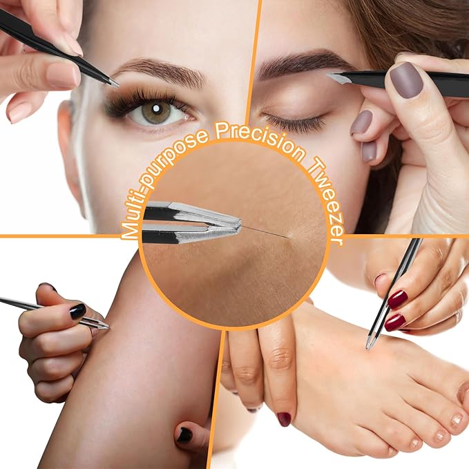 Yougai Tweezers Set for Men/Women, 9PCS Professional Stainless Steel Tweezer Kit with Leather Travel Case