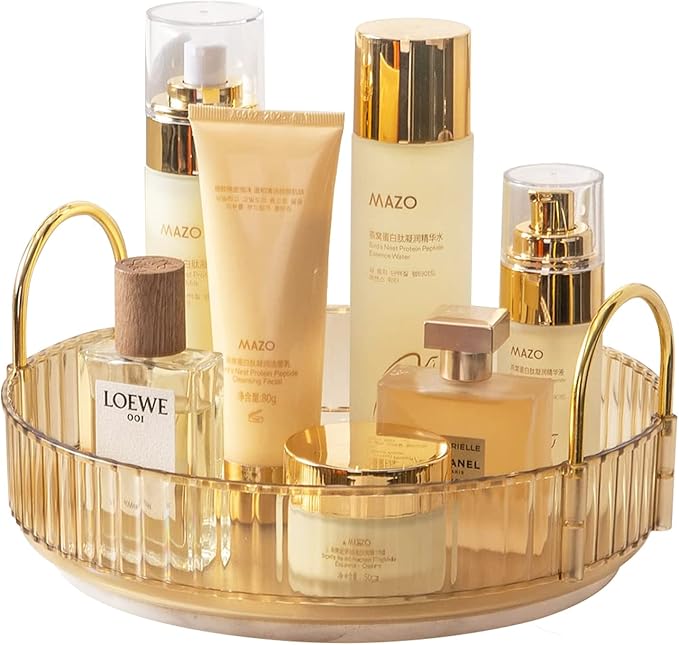 Rotating Makeup Organizer for Vanity, High-Capacity Skincare Clear Make Up Storage Perfume Organizers Cosmetic Dresser Organizer Countertop 360 Spinning (Gold, 1 Tier)