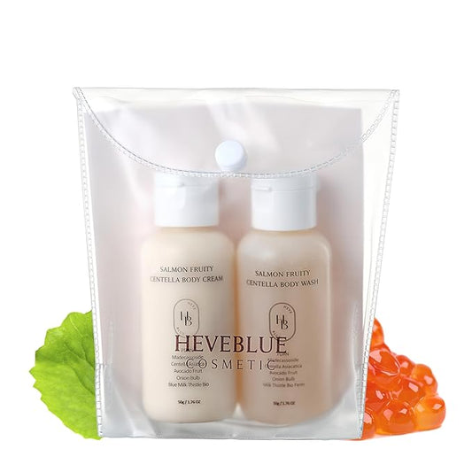 HEVEBLUE Salmon Fruity Centella Body Travel Kit - Body Cream & Body Wash Set, Sensitive Skin, Korean Bodycare, Hypoallergenic, Allergen-free, Salmon PDRN, Travel Size, Bodycare Set