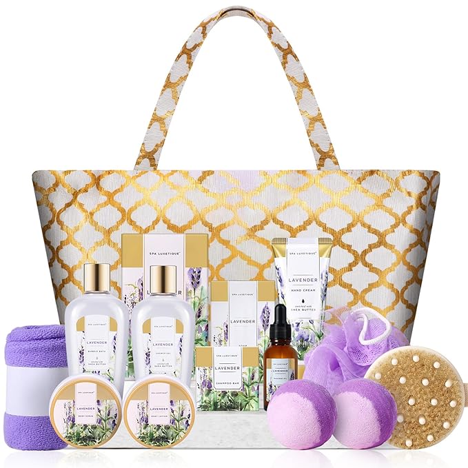 Spa Luxetique Gift Baskets for Women - 15PCS Lavender Bath and Body Sets, Including Shower Gel, Bubble Bath, Skin Care Sets for Her, Anniversary Christmas Gifts for Women, Wife, Girlfriend, Mom