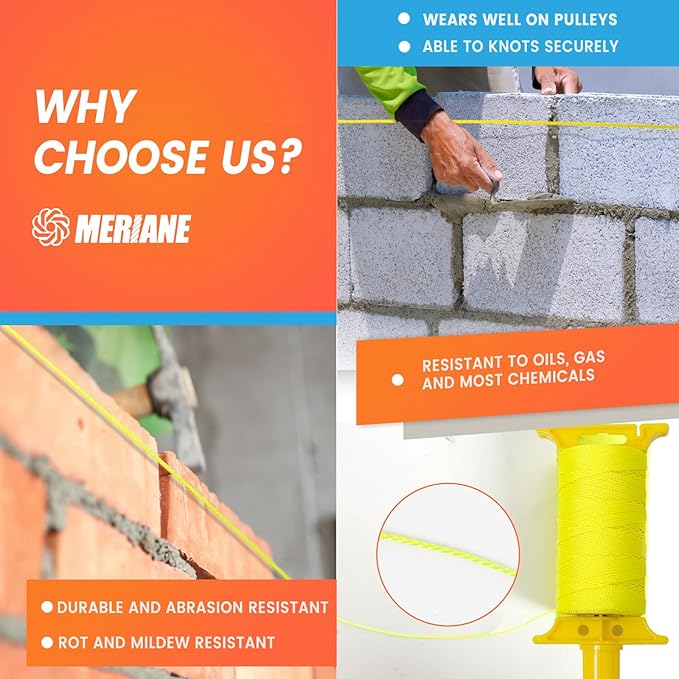 250FT Mason Line w/Reloadable Line Reel, 18# Braided Twine String for Masonry Job, Level Lines in Construction, Gardening, Fluorescent Yellow