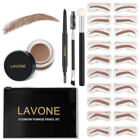 LAVONE Eyebrow Stamp Stencil Kit for Eyebrows, Brow Stamp Trio Kit with Waterproof Eyebrow Pencil, Eyebrow Pomade, 20 Eyebrow Stencils, Dual-ended Eyebrow Brush and Sponge Applicator - Ash Brown