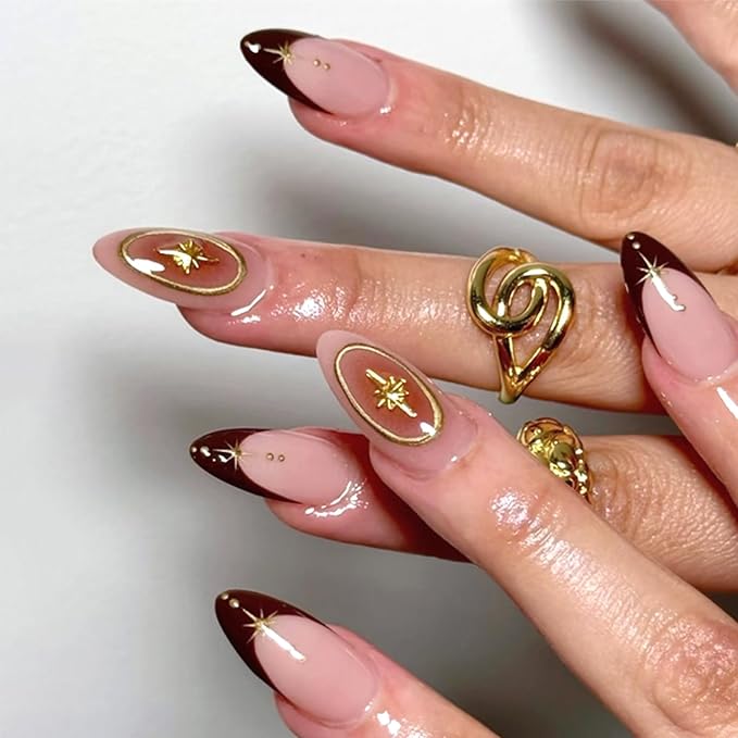 Brown French Press on Nails Medium Almond Fake Nails with 3D Gold Stars Design Gradient Blush Glossy Acrylic False Nails Fall Artificial Glue on Nail Full Cover Stick on Nail for Women 24Pcs