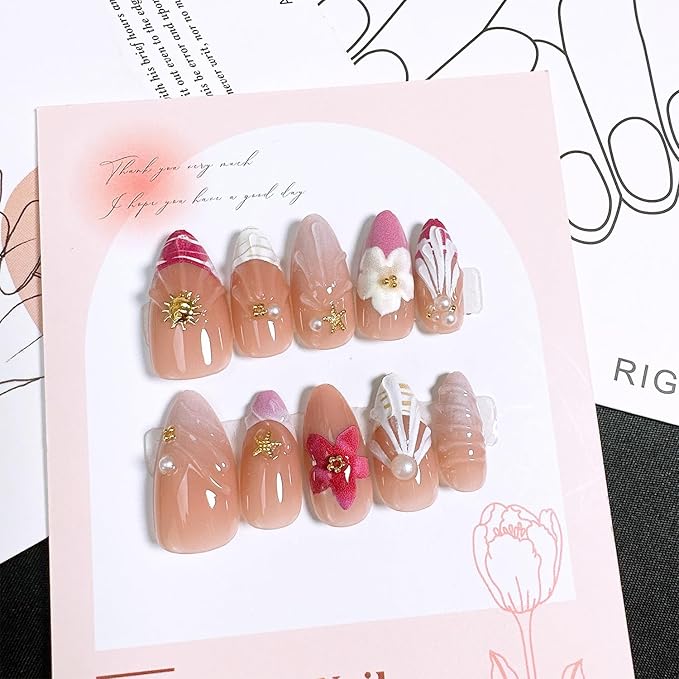 10pcs Handmade Press on Nails Medium Almond Fake Nails with 3D Flower Gold Beads Star Designs French Tip False Nail Summer Fall Acrylic Nails Full Cover Glue on Nail for Women Nail Decoration