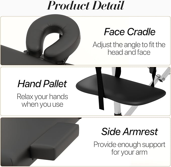 Massage Table Massage Bed, Portable 2 Section Foldable Tattoo Bed, Height Adjustable Lash Spa Bed with Face Cradle, Home Light Weight Facial Salon Bed with Aluminum Frame, Black