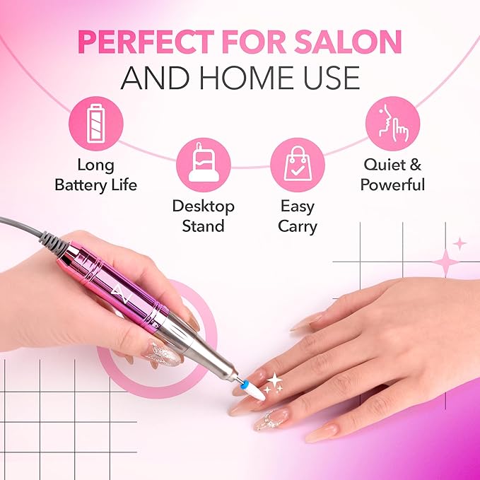 M Mase- Professional Nail Drill Machine - Coreless 2-in-1 Nail File - Electric, Cordless, 35000 RPM, HD Display - Electric Nail Drill for Professional & Home Use (Unicorn Purple)