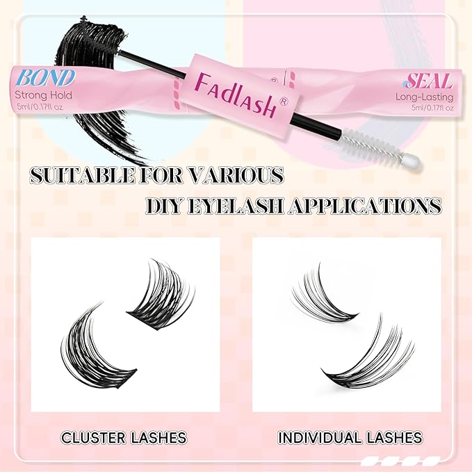 FADLASH Lash Bond and Seal Eyelash Glue DIY 2 in 1 Lash Clusters Glue with Mascara Wand for Strong Hold 72 Hours Long Lasting 10ml