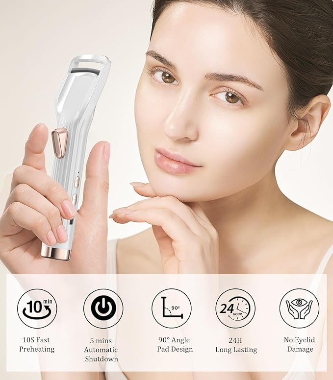 Heated Eyelash Curler Premium PRO - Fast Heat up in 8s - 24 Hours Long Lasting - Rechargeable Electric Eyelash Curler with Type-C, 2 Heat Modes, Anti-Burn Eyelid, Gift for Women Girls, White-AB